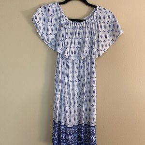 Off the shoulder white and blue dress